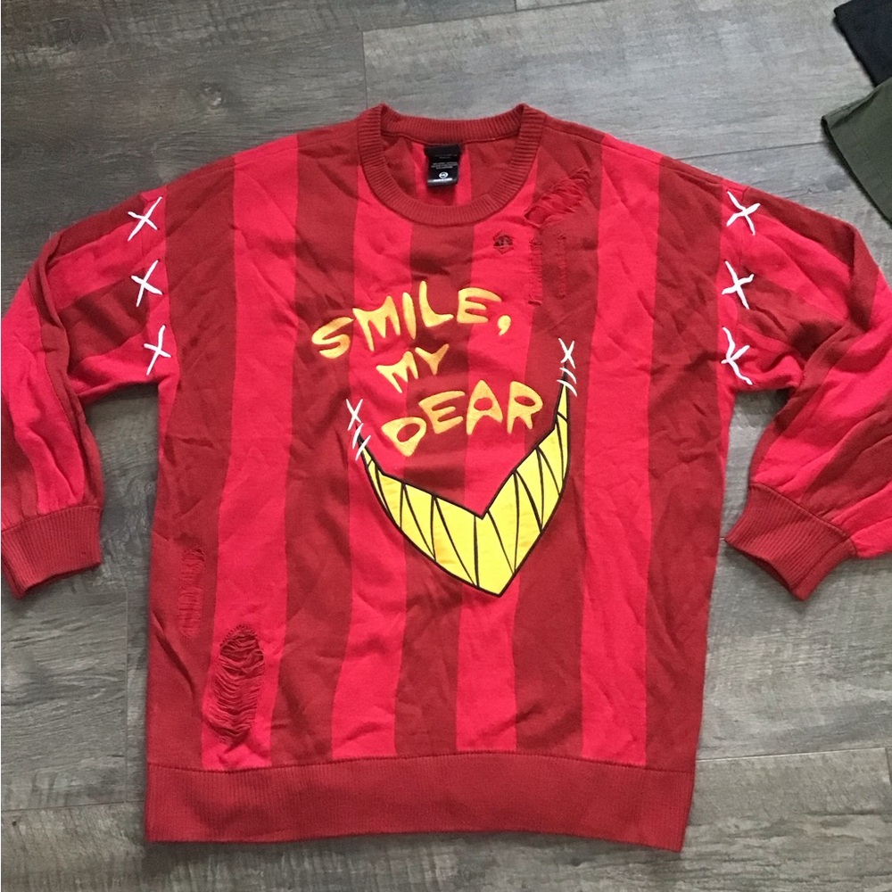 Hazbin Hotel red Smile My Dear graphic crew neck sweater! NWOT